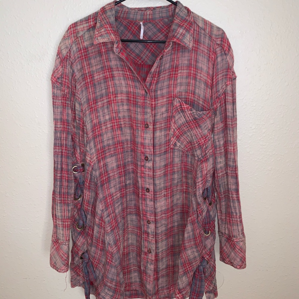 Free People Plaid Button Up Shirt w/ Braided Sides